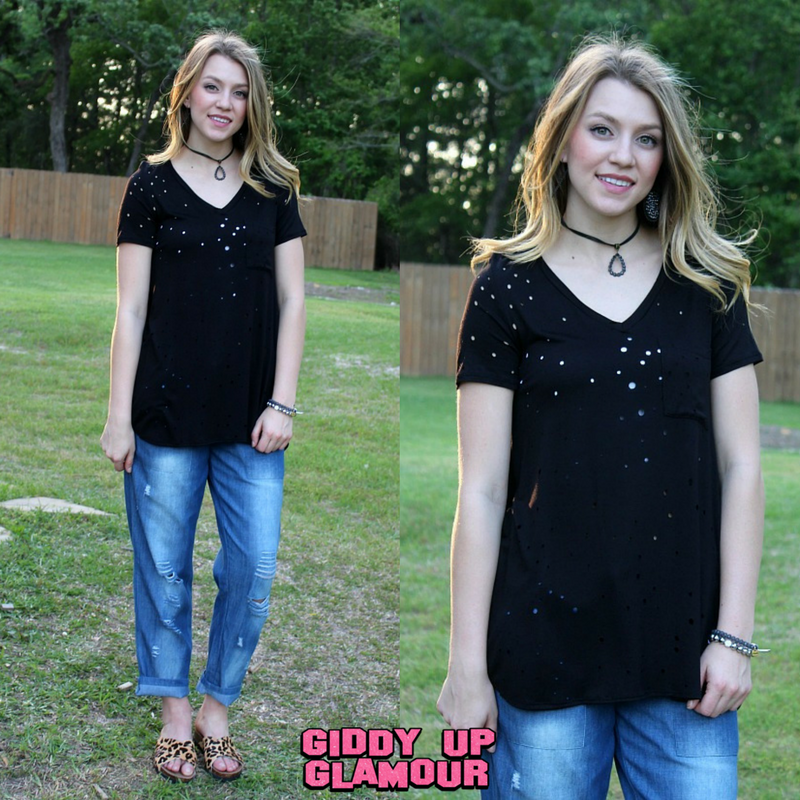Last Chance Size Small | What Are You Waiting For Distressed V Neck Pocket Tee in Black - Giddy Up Glamour Boutique