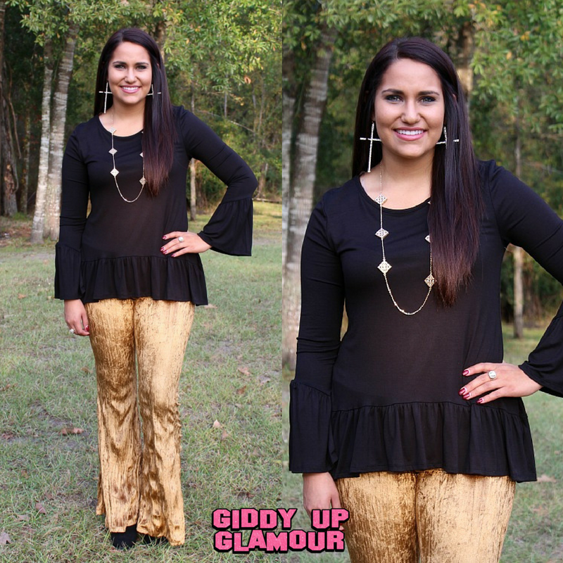 Take Comfort Long Sleeve Blouse with Ruffle Hem in Black - Giddy Up Glamour Boutique