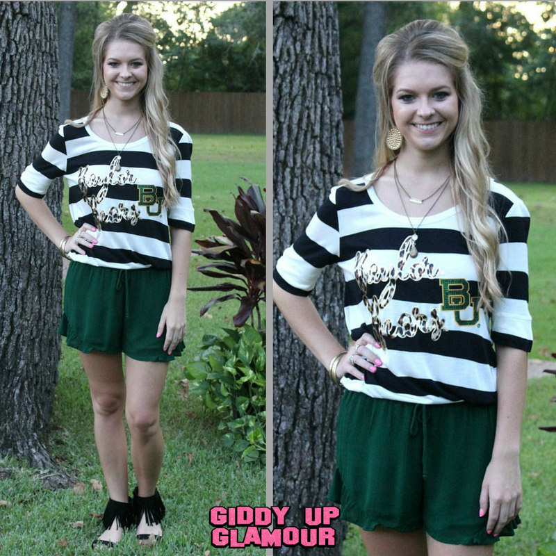 Last Chance Size Small & Medium | Stripe A Pose Baylor Game Day Top - Giddy Up Glamour Boutique