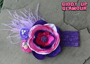 Large Pink and Purple Headband with Feathers - Giddy Up Glamour Boutique