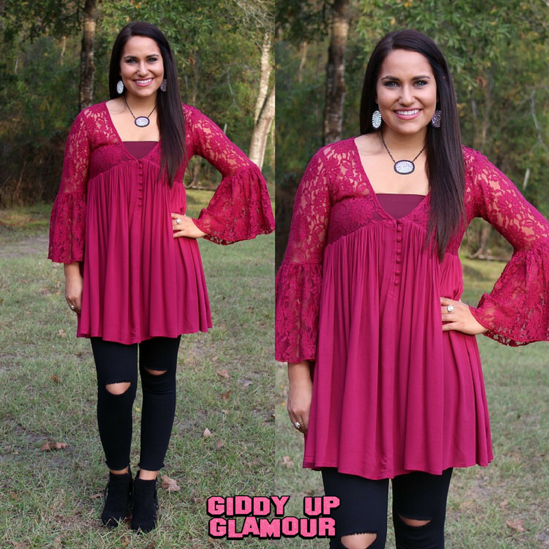 Last Chance Size S & M | Only One Love Peasant Tunic with Lace Sleeves in Maroon - Giddy Up Glamour Boutique