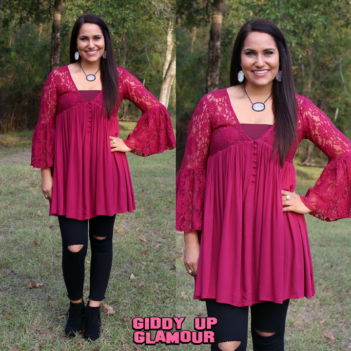Last Chance Size S & M | Only One Love Peasant Tunic with Lace Sleeves in Maroon - Giddy Up Glamour Boutique