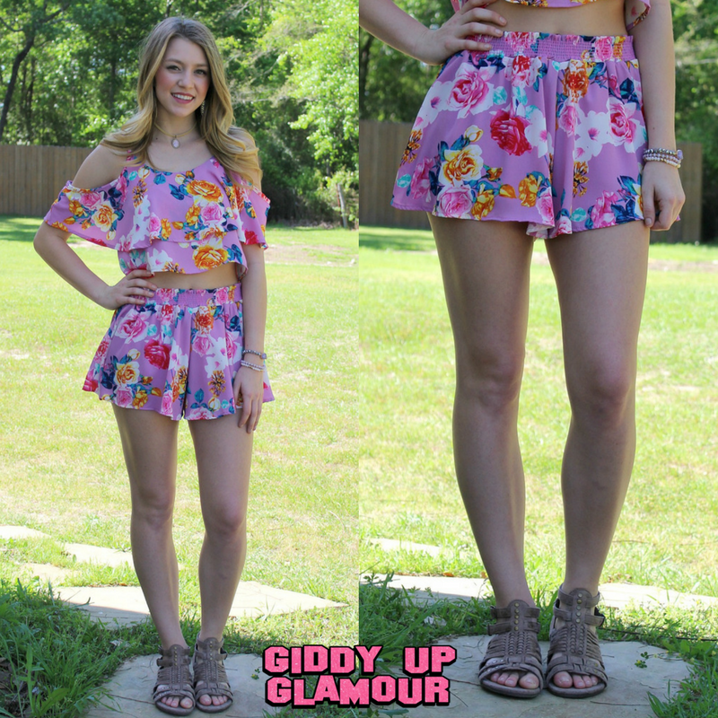 Last Chance Size Small | Summer Side of Life Lavender Floral Shorts - Giddy Up Glamour Boutique