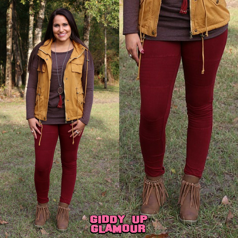 Cross the Line Moto Jeggings in Maroon - Giddy Up Glamour Boutique