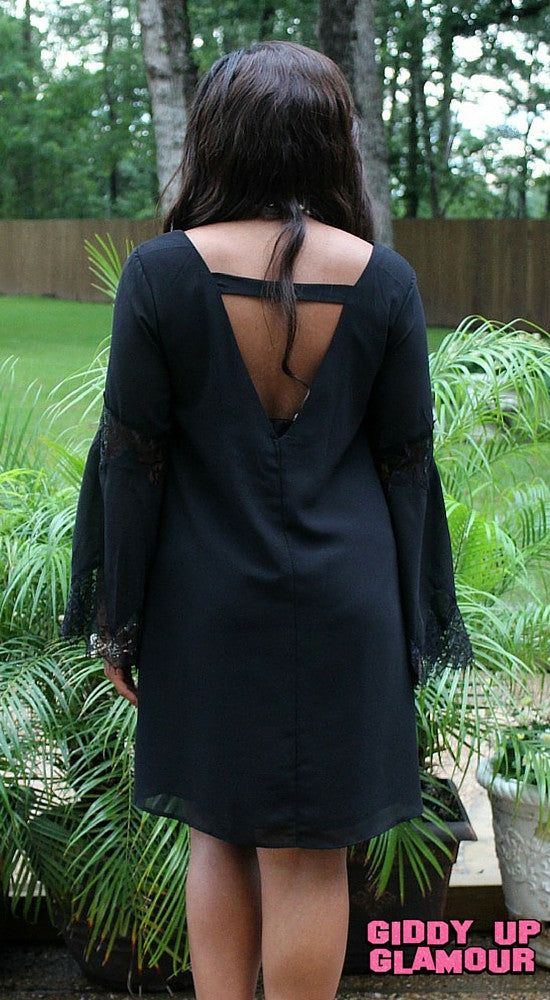 Pretty and Poised Lace Bell Sleeve Shift Dress in Black - Giddy Up Glamour Boutique