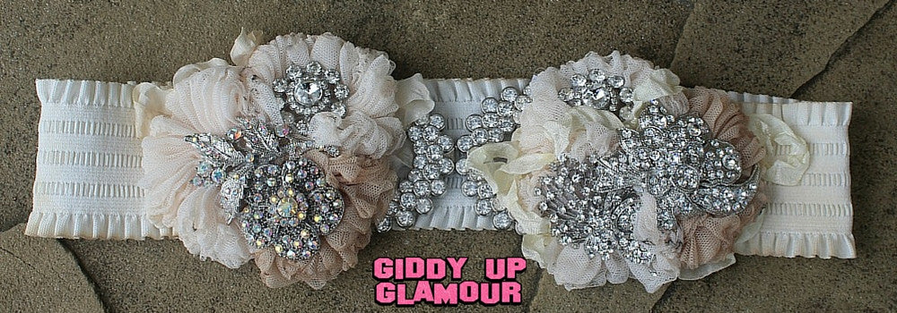 Handmade Shabby Couture Stretchy Belt with Handset Antique Brooches in Antique White - Giddy Up Glamour Boutique