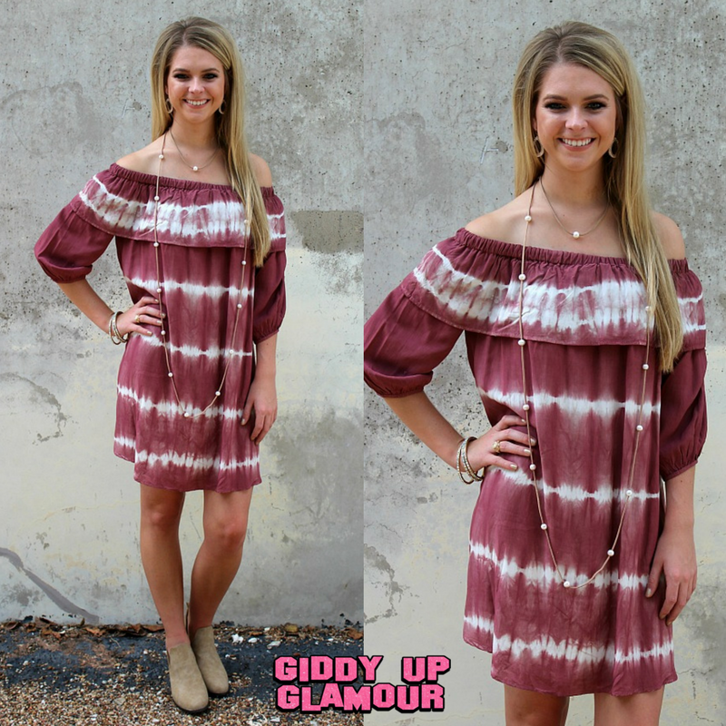 Last Chance Size Small | Hometown Honey Tie Dye Off Shoulder Dress in Maroon - Giddy Up Glamour Boutique