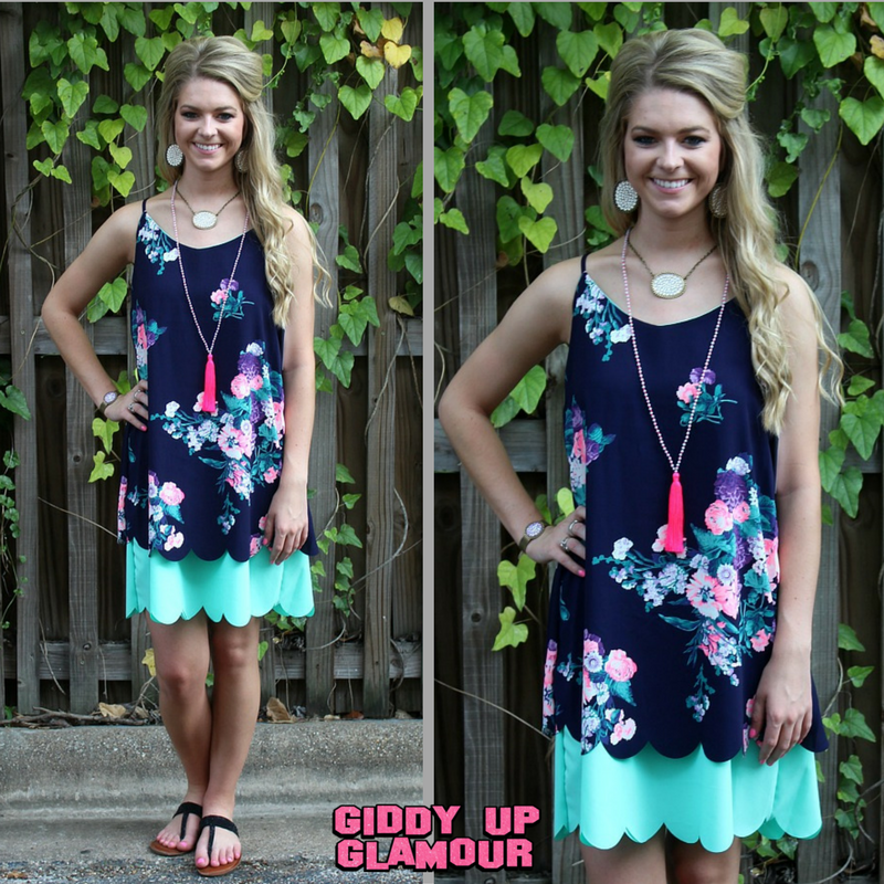 Last Chance Size Small | Pretty In Palisades Navy Floral Dress with Scalloped Trim - Giddy Up Glamour Boutique