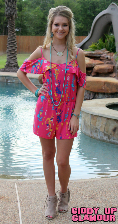 Last Chance Size Small | You've Got A Way Pink Floral Open Shoulder Romper - Giddy Up Glamour Boutique