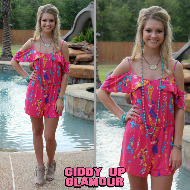 Last Chance Size Small | You've Got A Way Pink Floral Open Shoulder Romper - Giddy Up Glamour Boutique