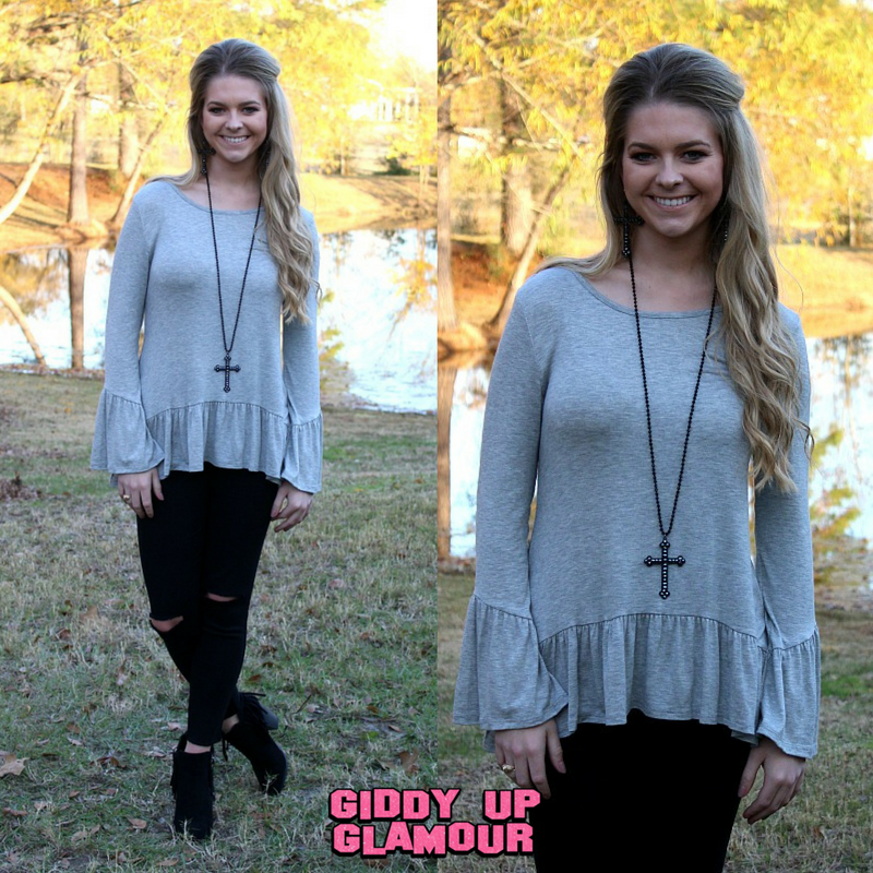 Last Chance Size Small | Take Comfort Long Sleeve Blouse with Ruffle Hem in Heather Grey - Giddy Up Glamour Boutique