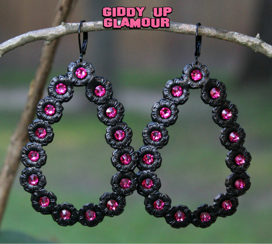 Pink Panache Matte Black Teardrop Earrings with Fuchsia Crystals - Giddy Up Glamour Boutique