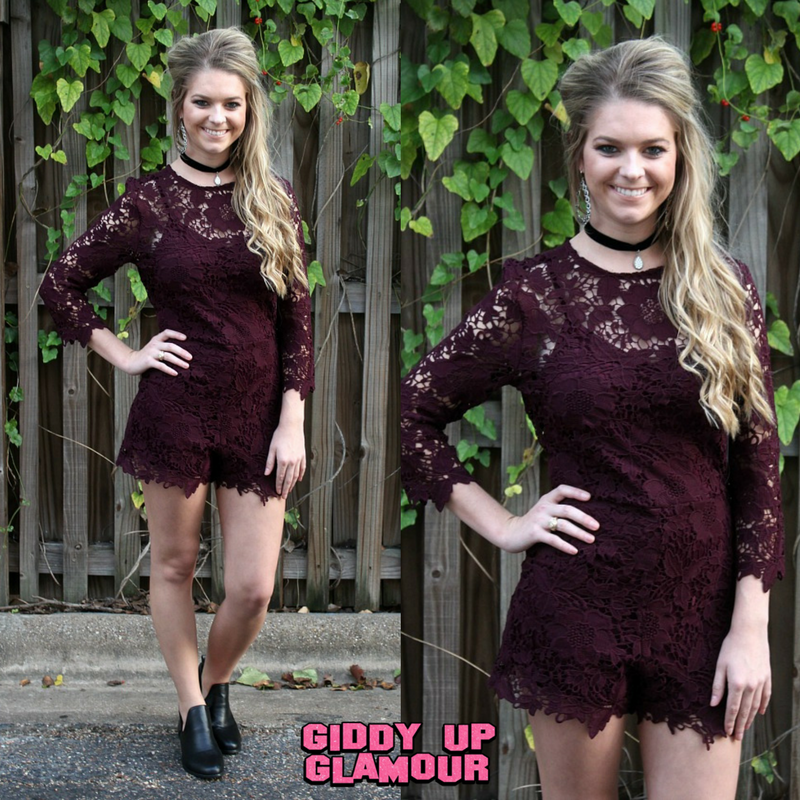 Last Chance Size Small | Hearts Collide Floral Lace Crochet Romper in Plum - Giddy Up Glamour Boutique