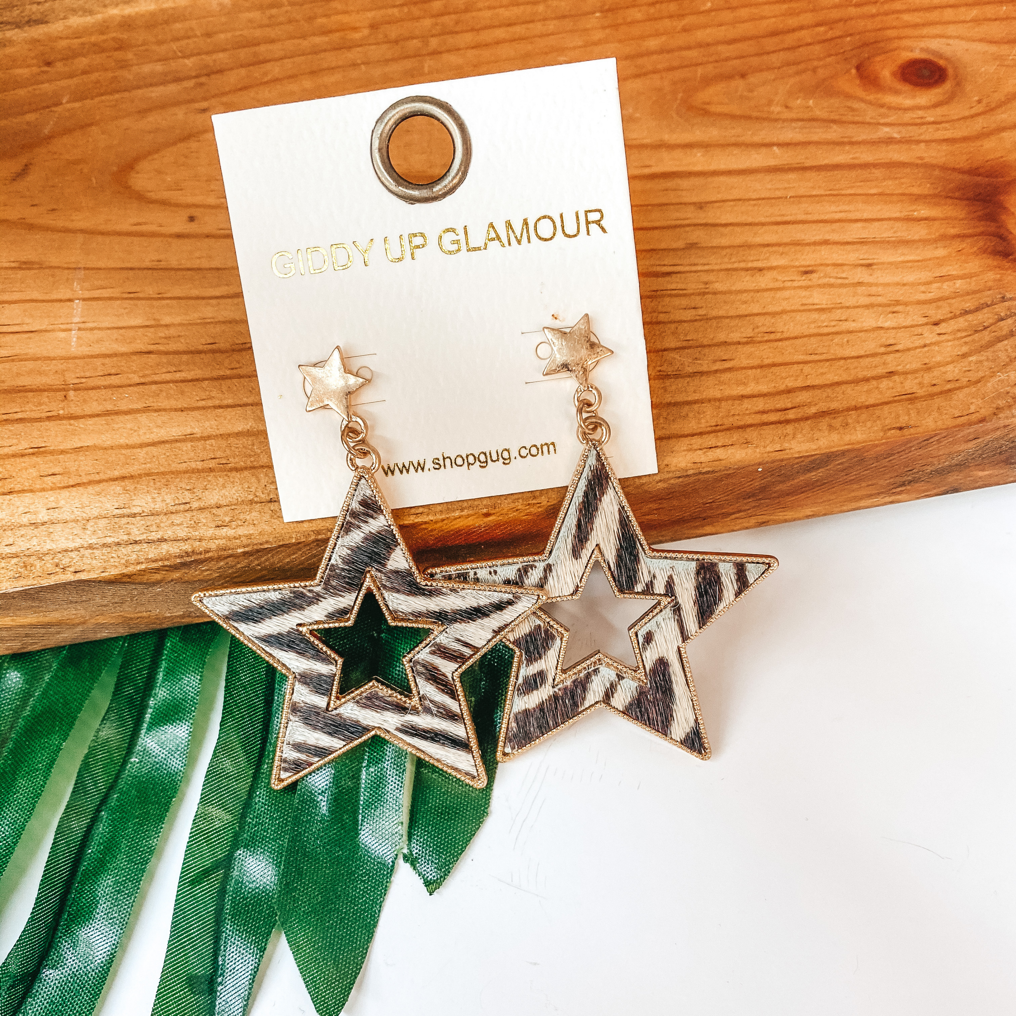 She's a Star Gold Post Dangle Earrings with Faux Fur Star in Zebra Print - Giddy Up Glamour Boutique