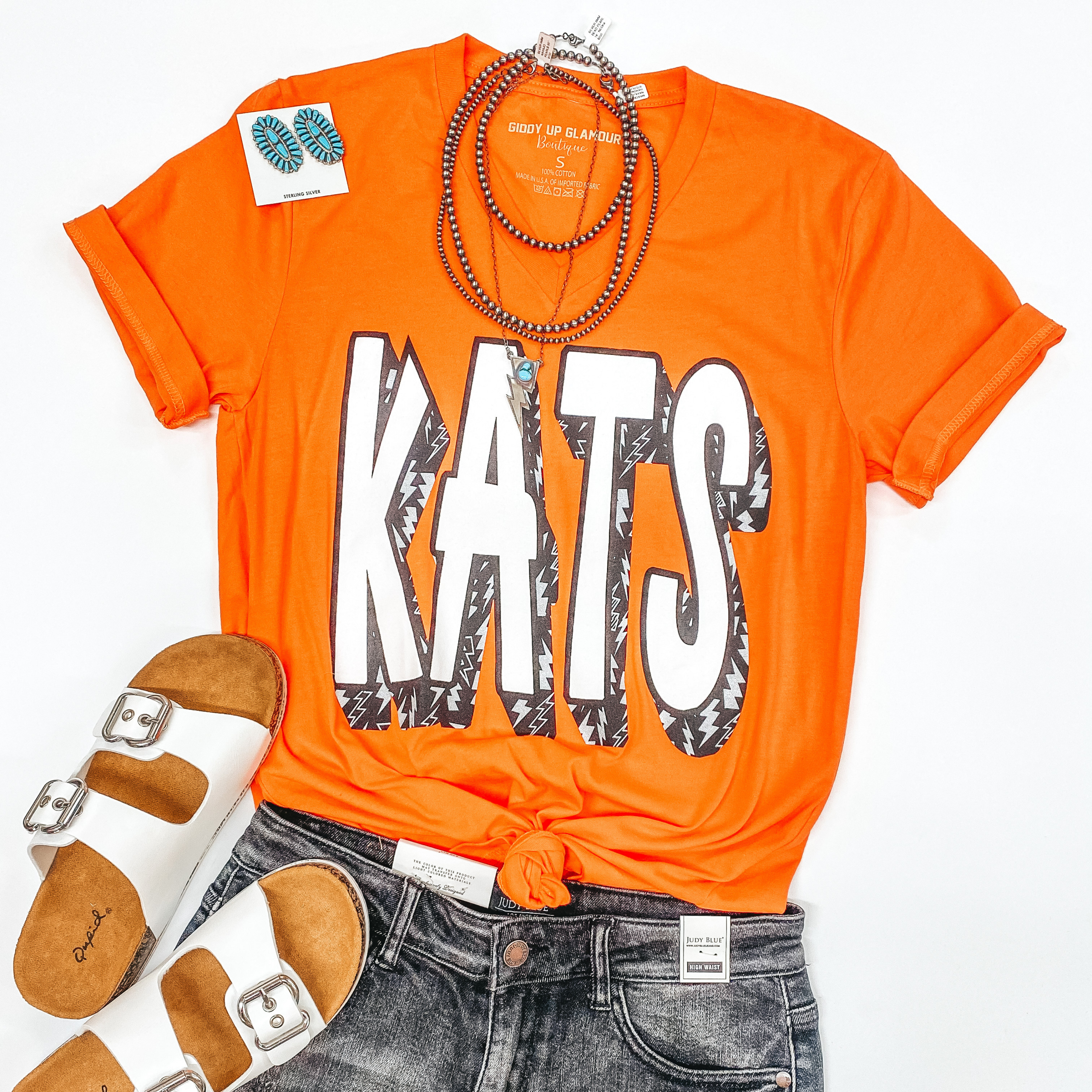 Bearkat Game Day | Kats Lightning Bolt V Neck Short Sleeve Graphic Tee in Orange - Giddy Up Glamour Boutique