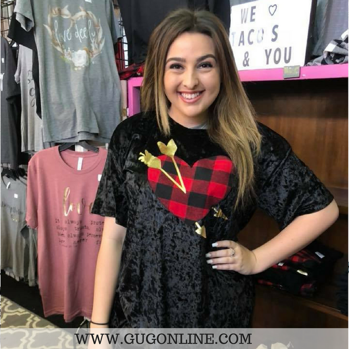 When Cupid Strikes Black Velvet Short Sleeve Top - Giddy Up Glamour Boutique