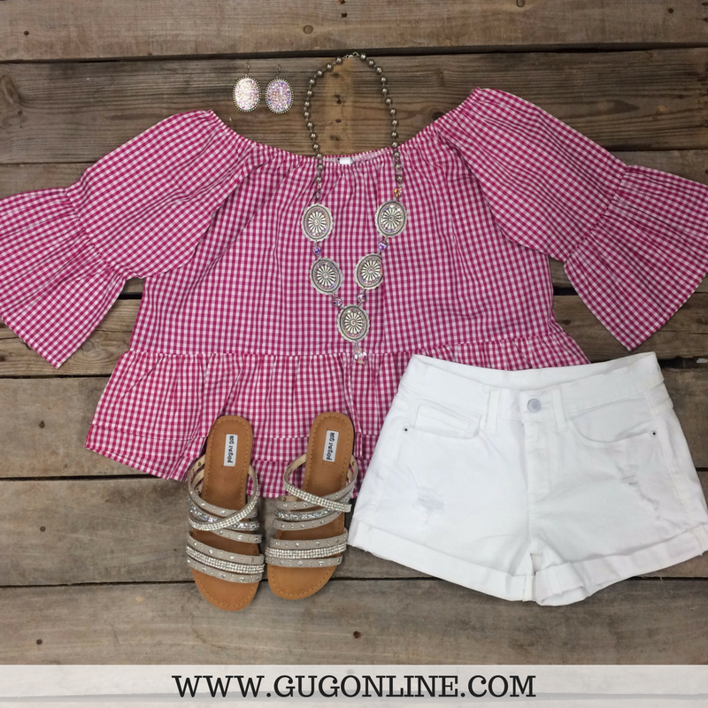 Last Chance Size Small | Perfect For Each Other Gingham Off Shoulder Top in Pink - Giddy Up Glamour Boutique