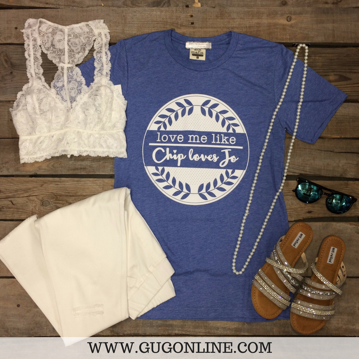 Last Chance Size Small | Love Me Like Chip Loves Jo Short Sleeve Tee Shirt in Blue - Giddy Up Glamour Boutique