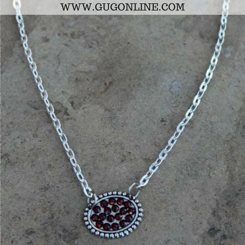Pink Panache Mini Silver Oval Necklace with Maroon Crystals - Giddy Up Glamour Boutique