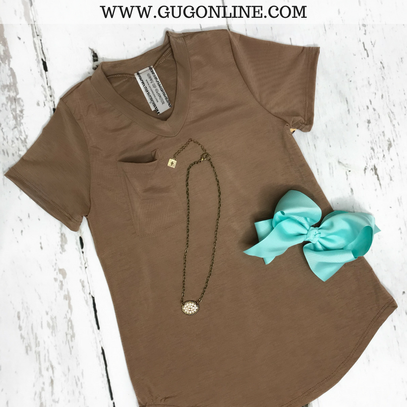 Kids Just Right Short Sleeve Pocket Tee in Mocha - Giddy Up Glamour Boutique