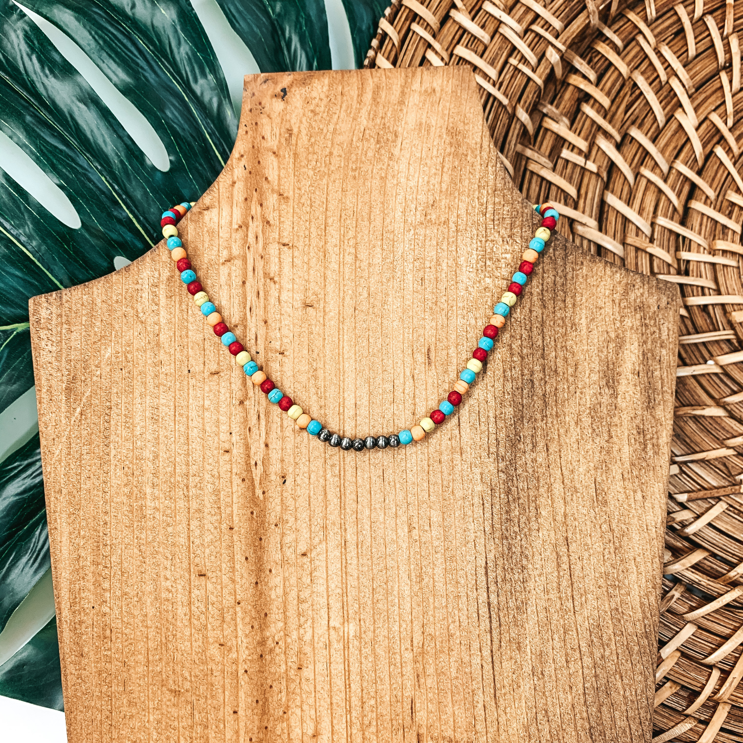 Small Stone Beaded Necklace with Navajo Inspired Beads In Multi - Giddy Up Glamour Boutique