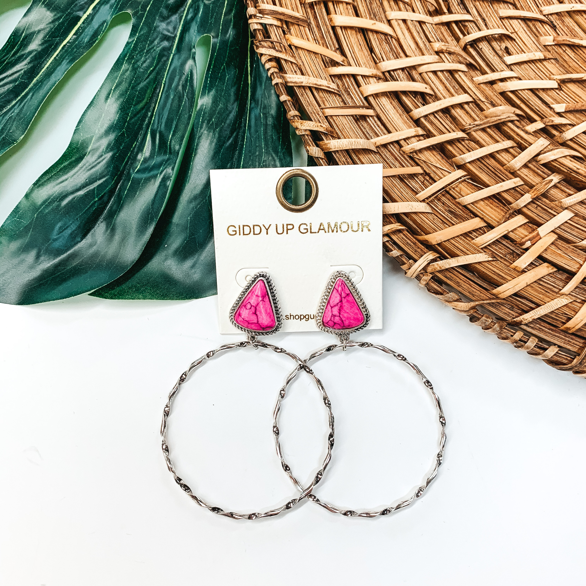 Triangle Stone Post Hoop Earrings in Pink - Giddy Up Glamour Boutique