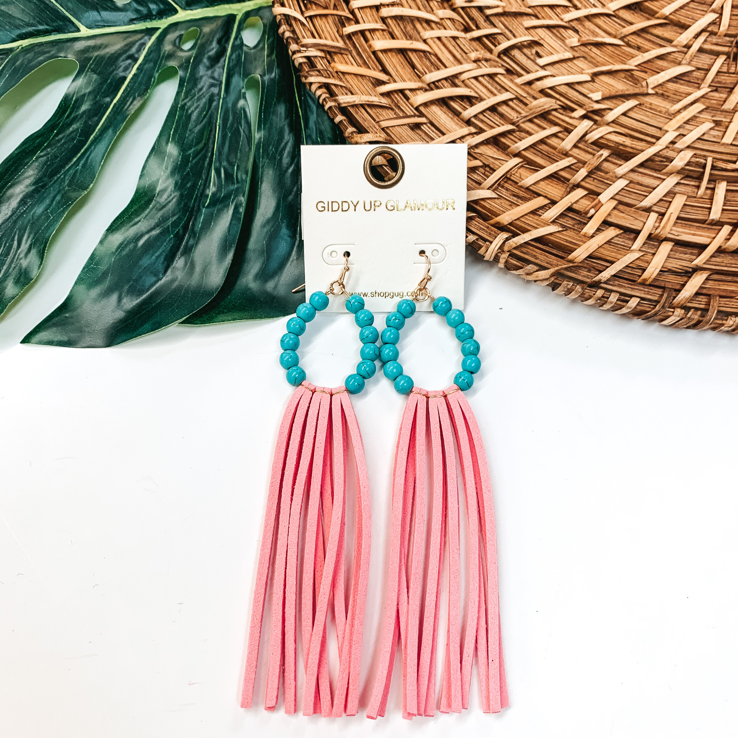 Turquoise Beaded Hoop Earrings with Pink Tassels - Giddy Up Glamour Boutique