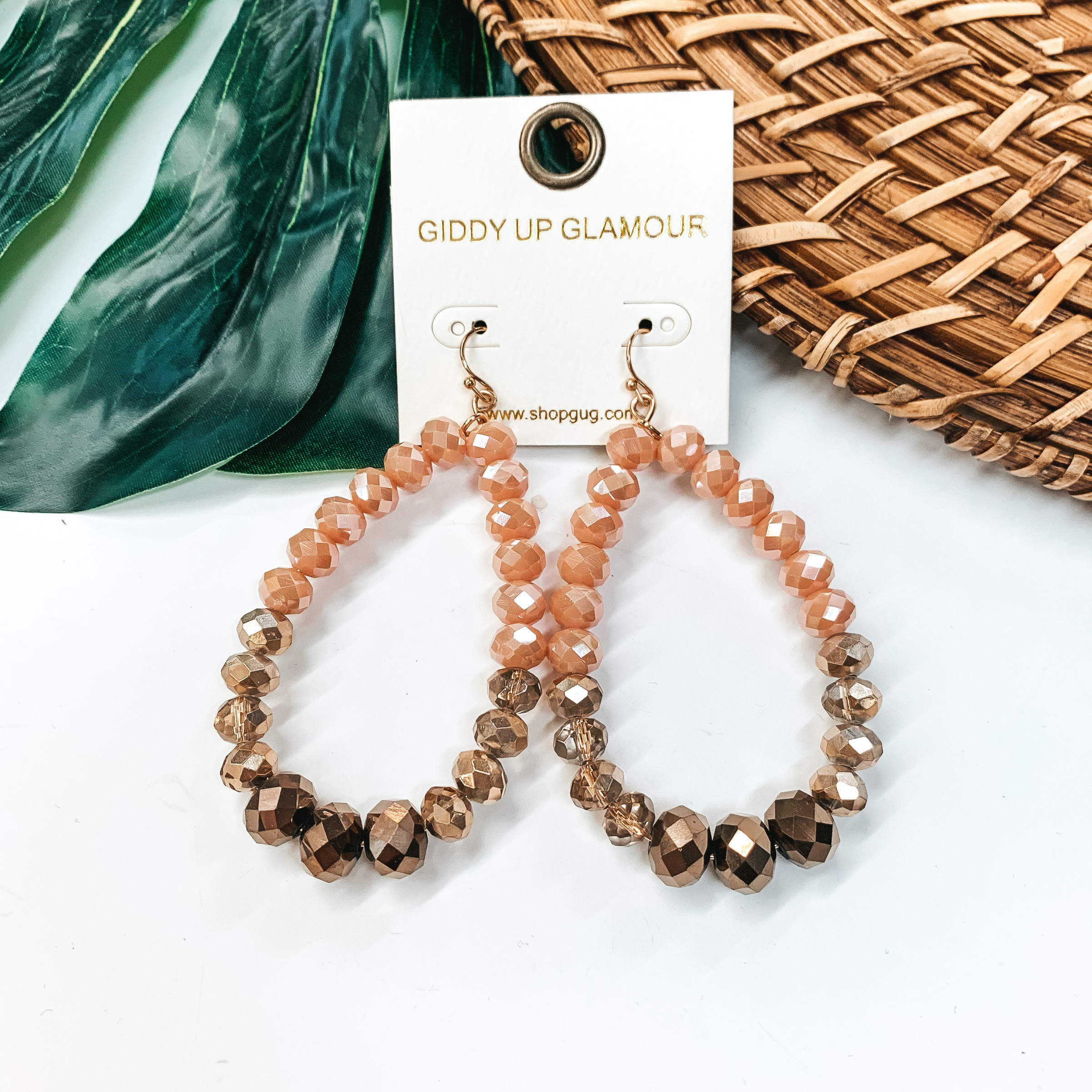 Crystal Beaded Teardrop Earrings in Blush and Brown - Giddy Up Glamour Boutique