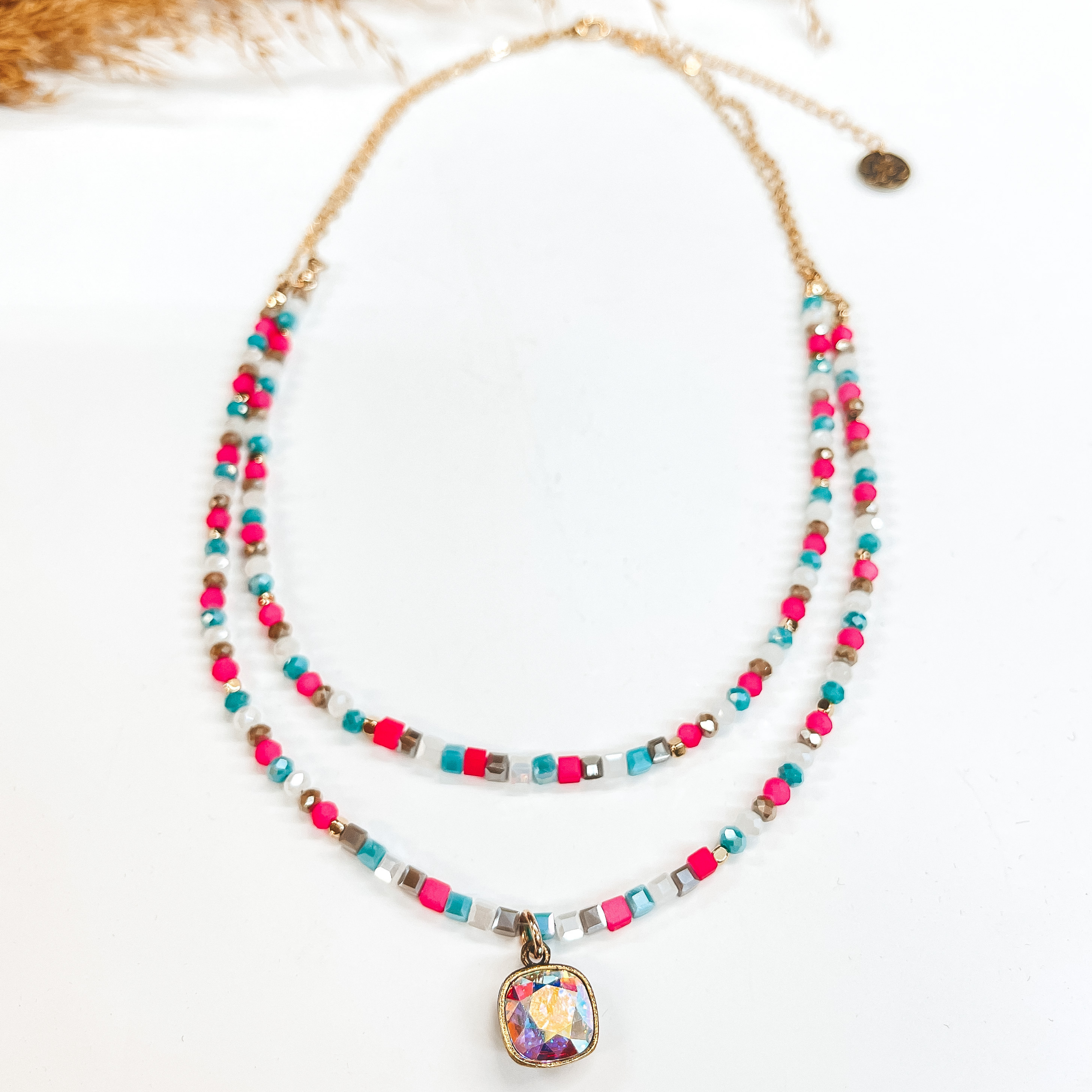 Pink Panache | Multicolored Beaded Double Strand Necklace with Cushion Cut AB Crystal - Giddy Up Glamour Boutique