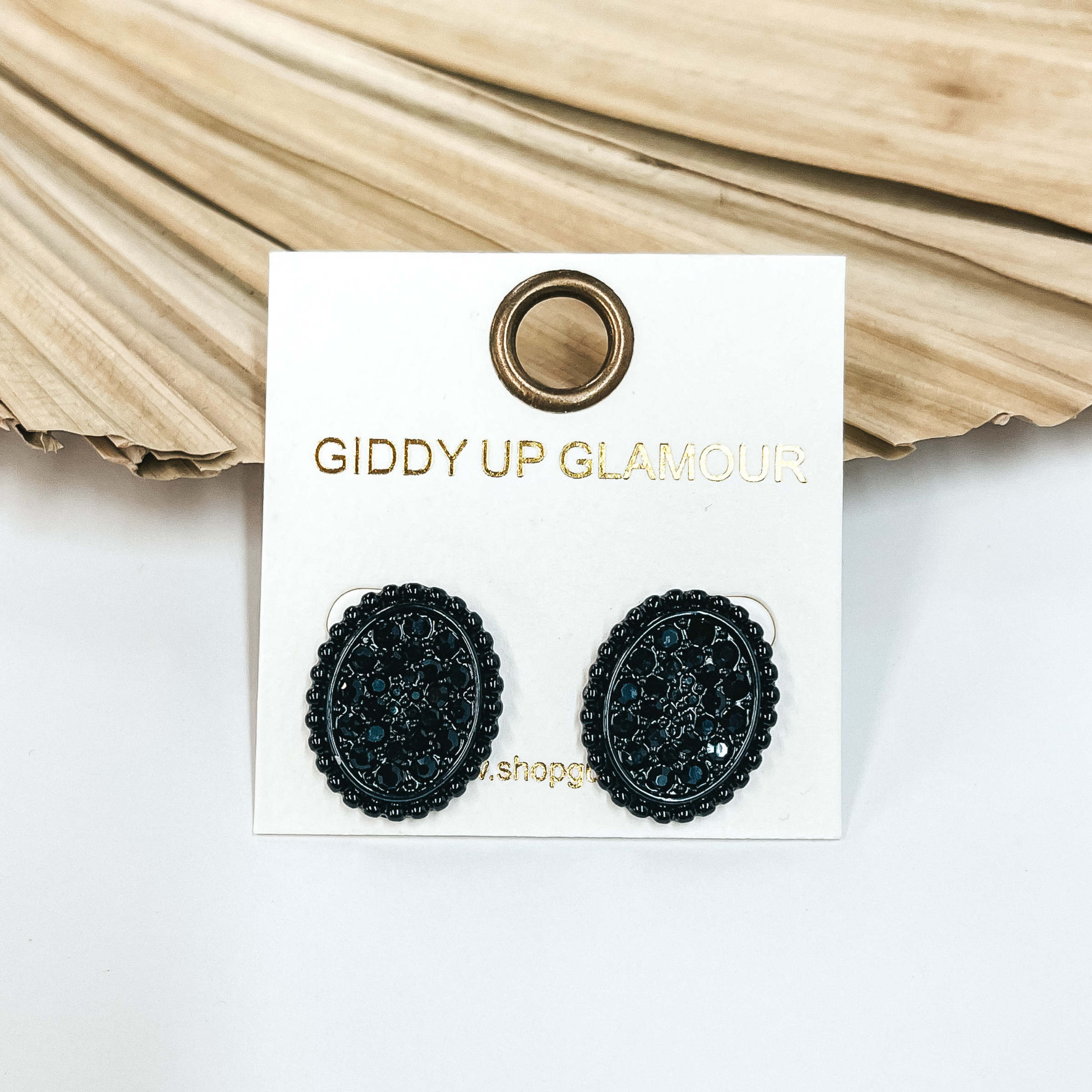 Black oval post earrings with black crystals all in  the middle. Taken on a white background and leaned up against a dried up palm leaf.