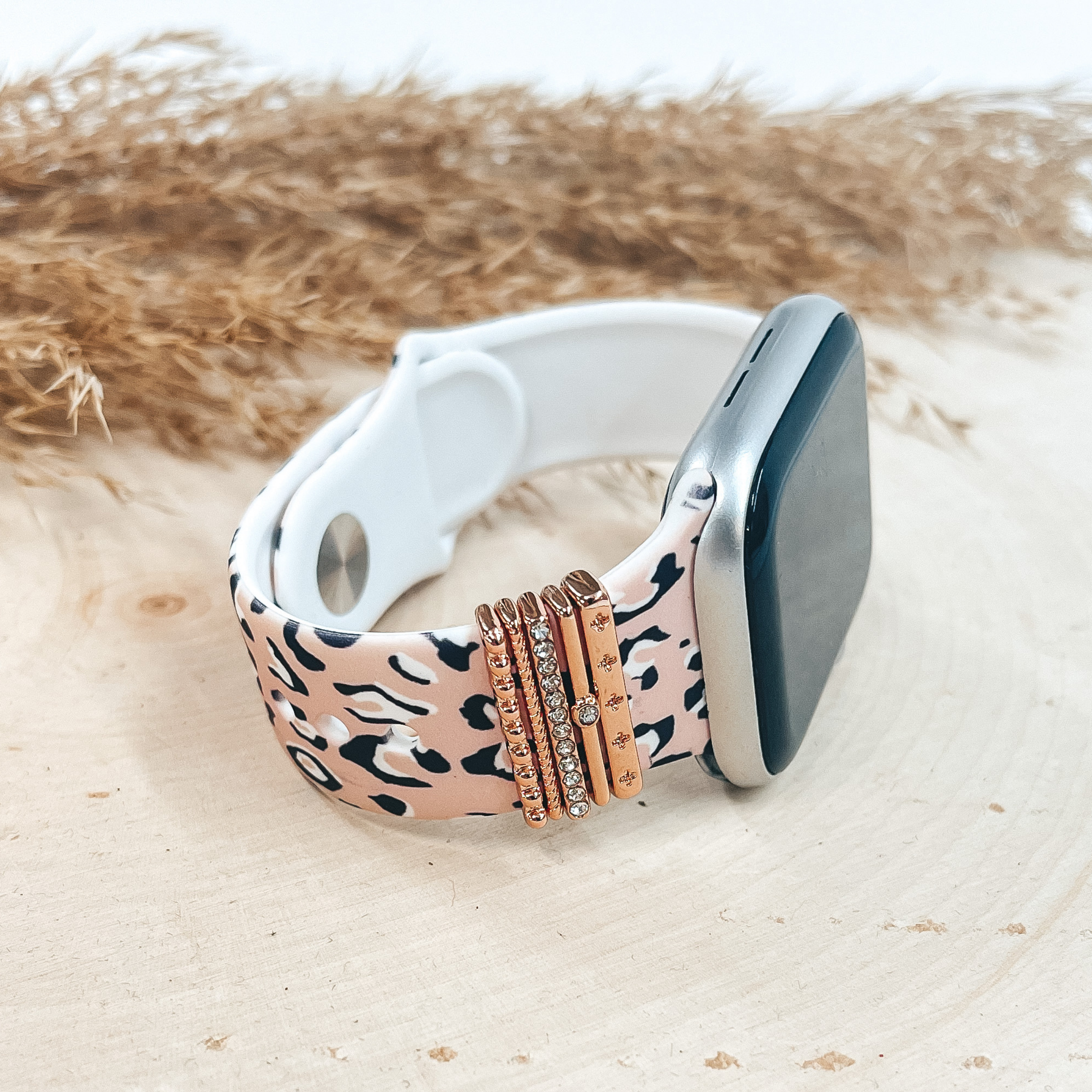 Smart Watch Band With Rose Gold Tone Crystal Set Rings with Leopard Print Design in Blush Pink