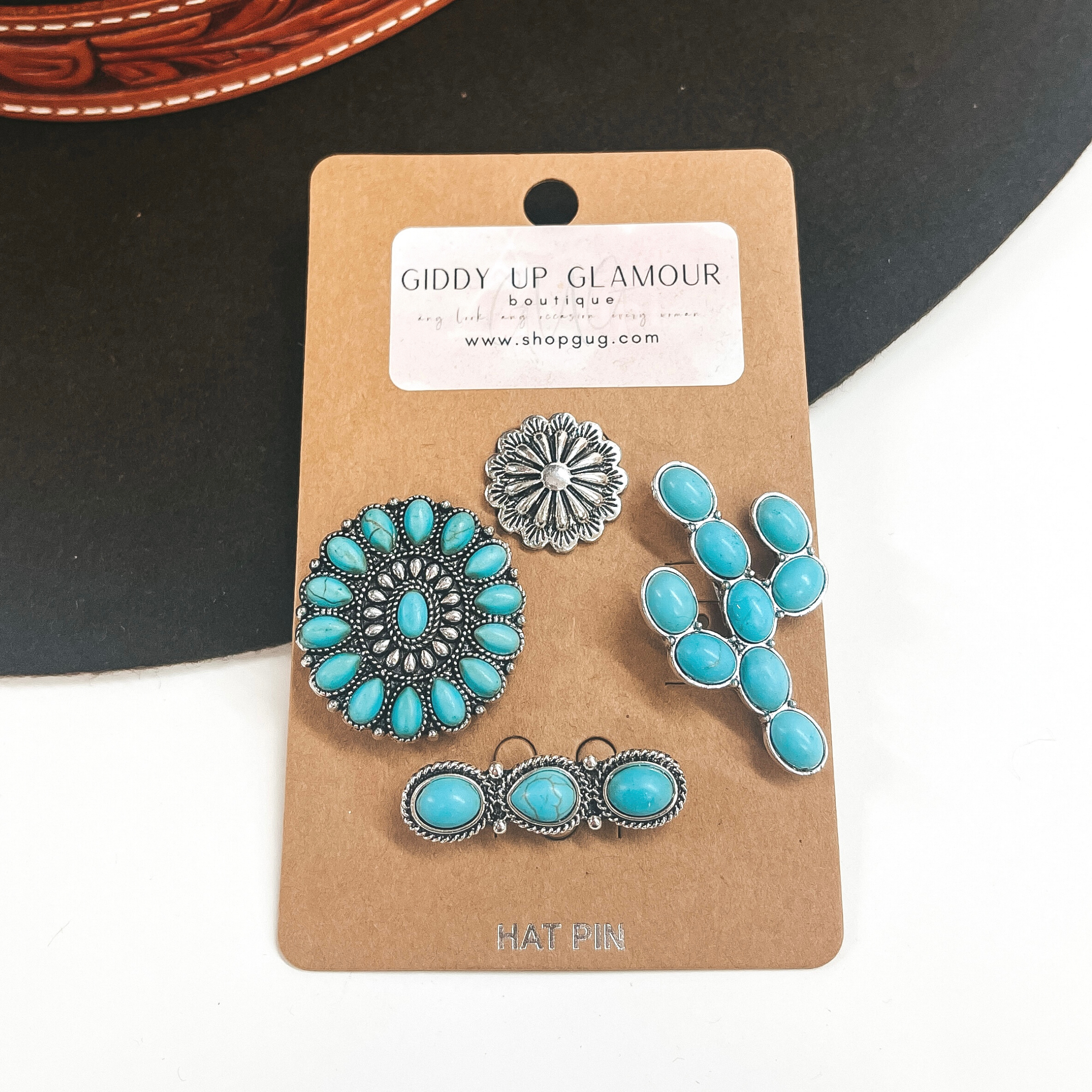 Western Cactus Hat Pin Set in Silver/Turquoise - Giddy Up Glamour Boutique