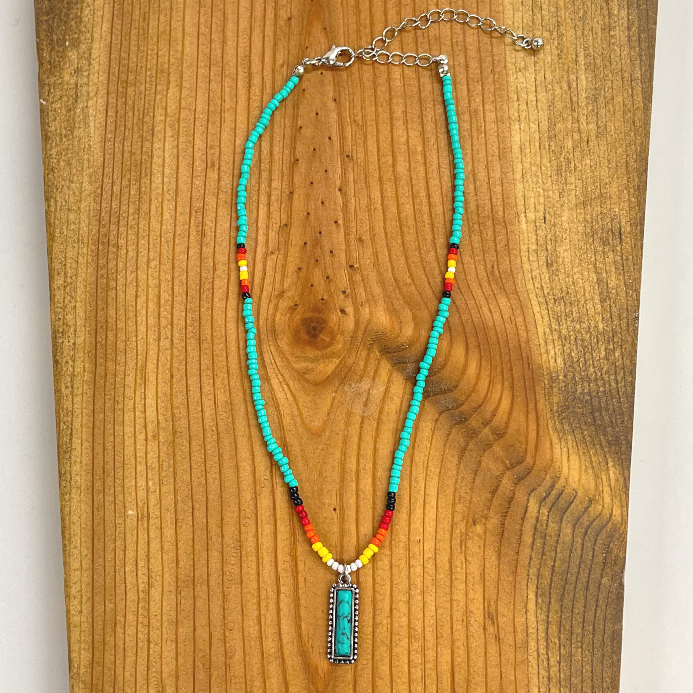 Seed Beaded Choker Necklace with Faux Turquoise Stone Bar Pendant in Turquoise - Giddy Up Glamour Boutique