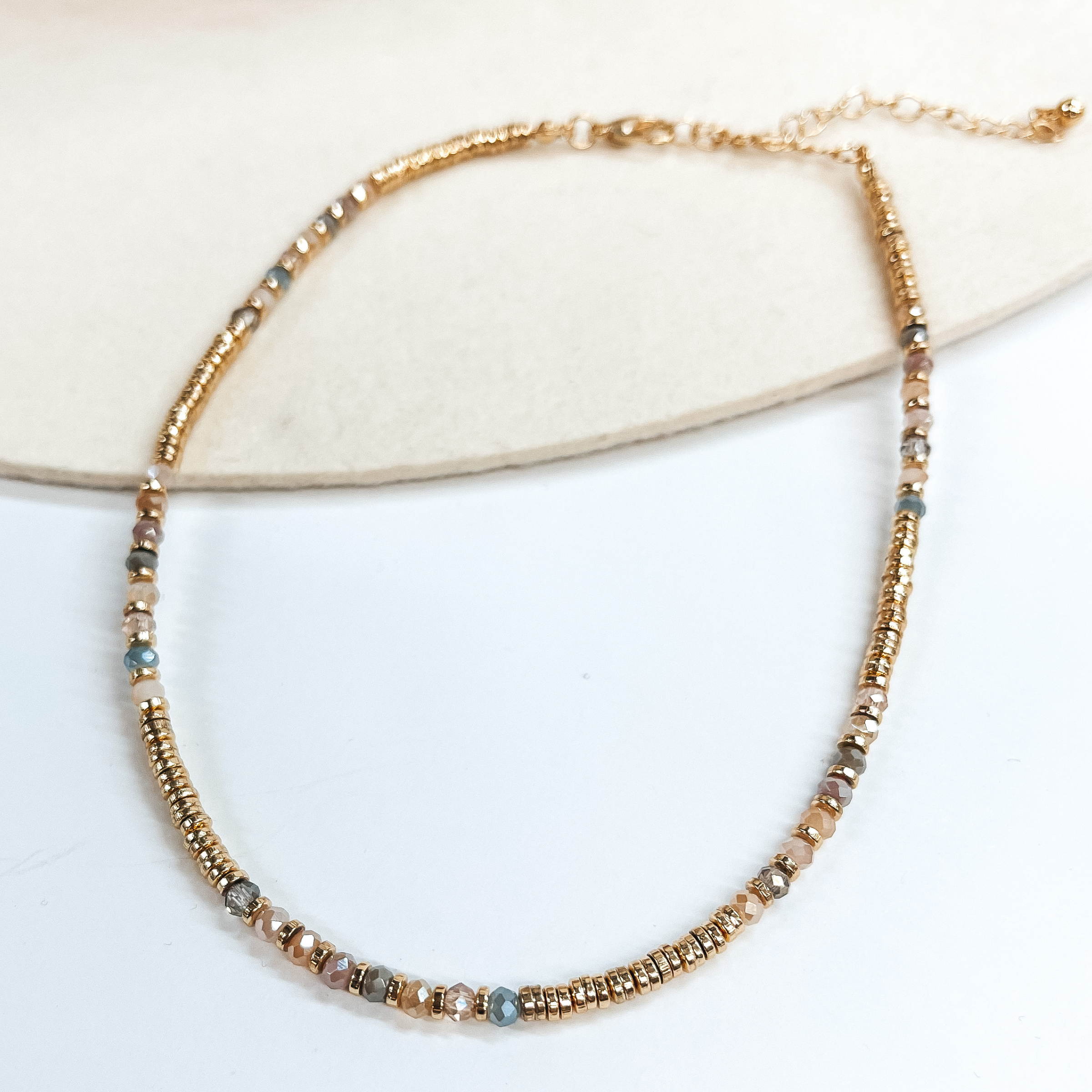 Crystal and Disc Beaded Choker Necklace with Gold Spacers in Neutral Mix - Giddy Up Glamour Boutique