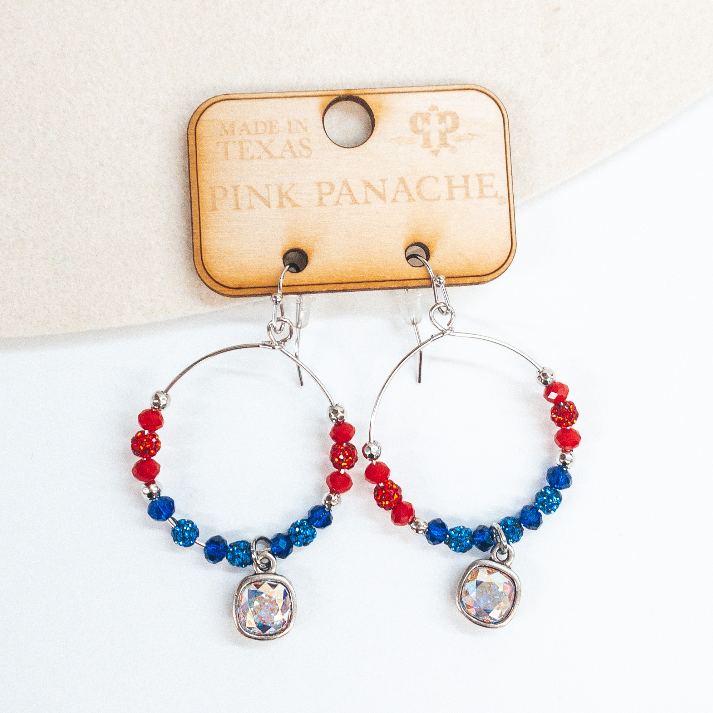 Pink Panache | Silver Hoop Earrings with Red, White, and Blue Crystalized Beads with Hanging AB Crystal - Giddy Up Glamour Boutique