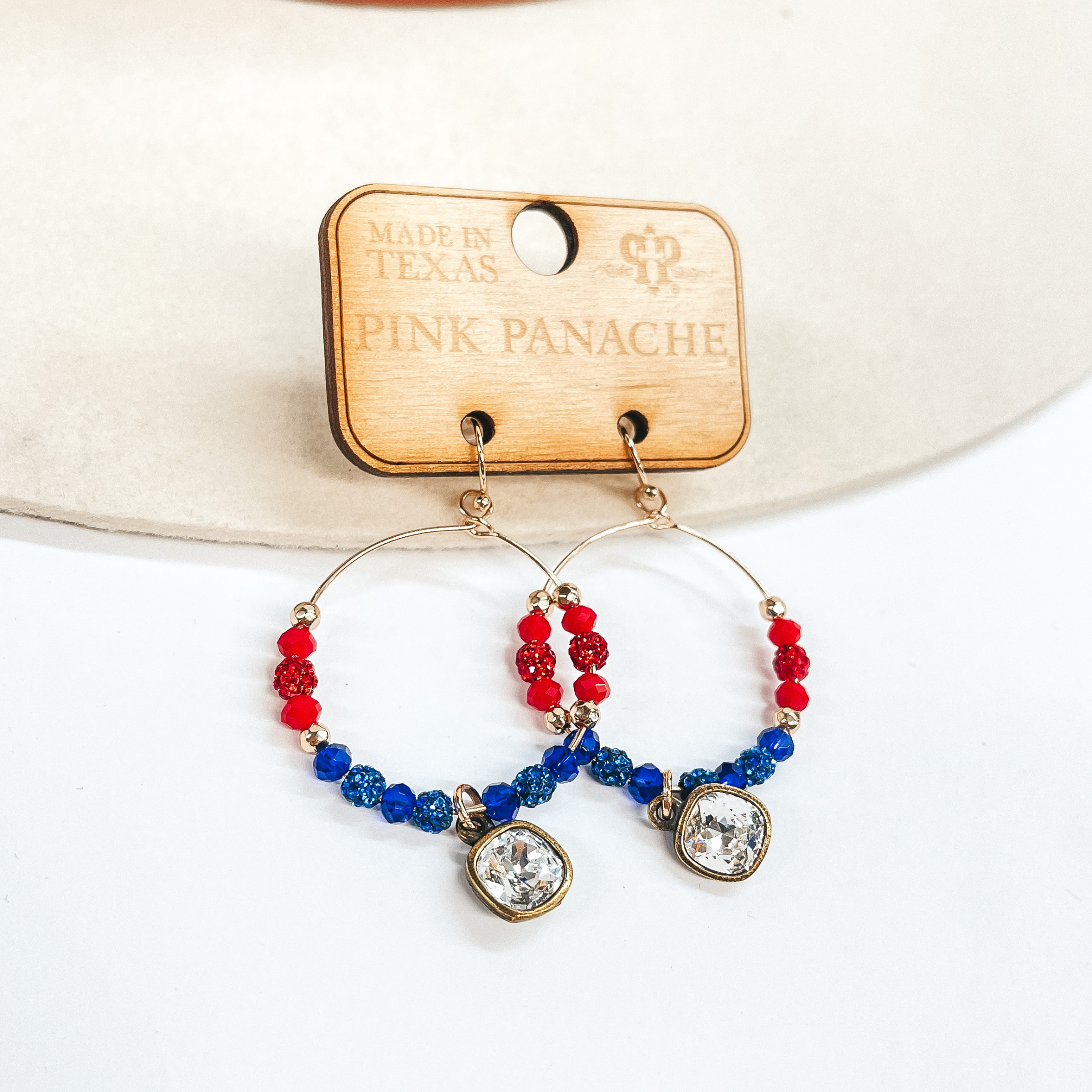 Pink Panache | Gold Hoop Earrings with Red, White, and Blue Crystalized Beads with Hanging Clear Crystal - Giddy Up Glamour Boutique