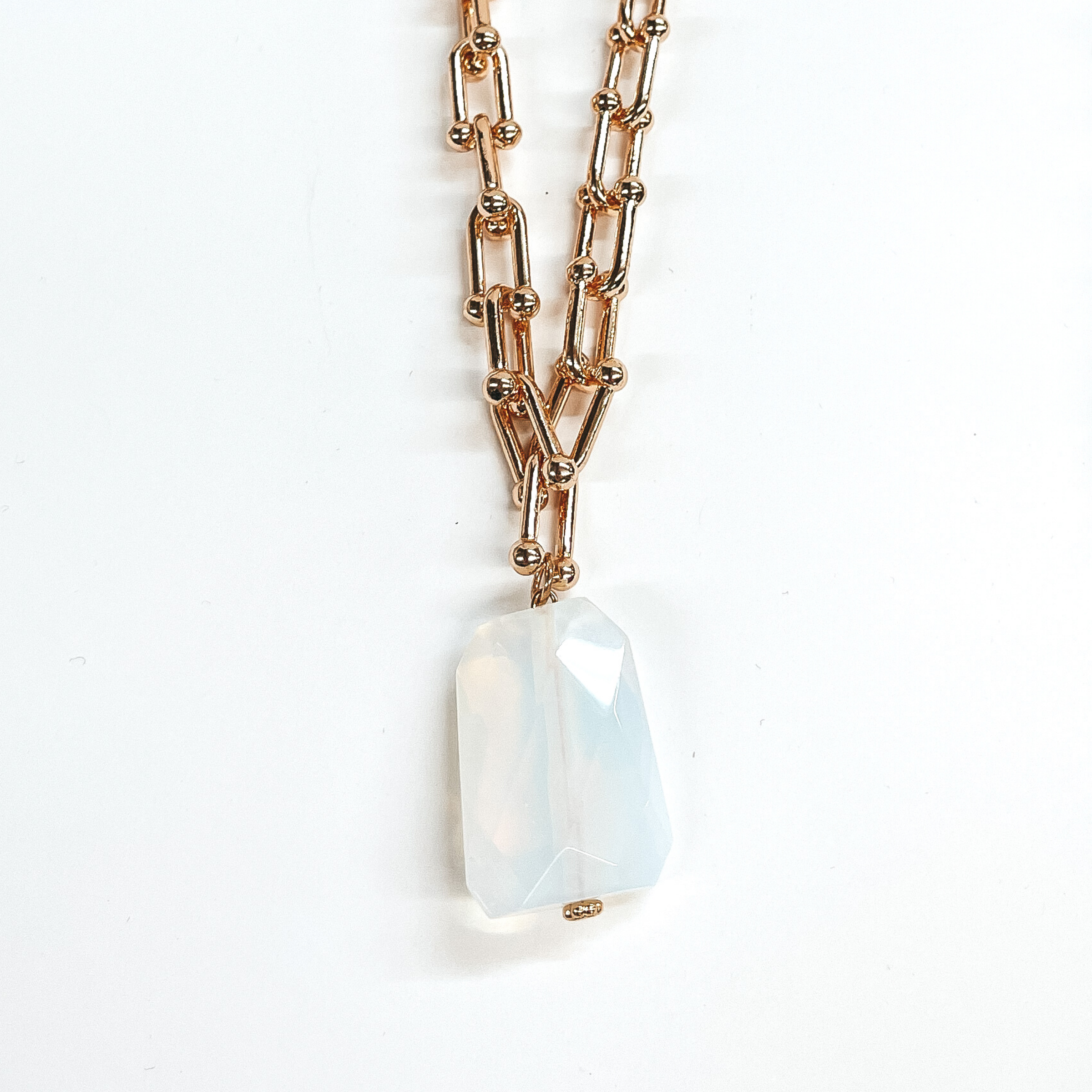 Thick Chain Link Necklace with Chunky Iridescent Stone Pendant - Giddy Up Glamour Boutique