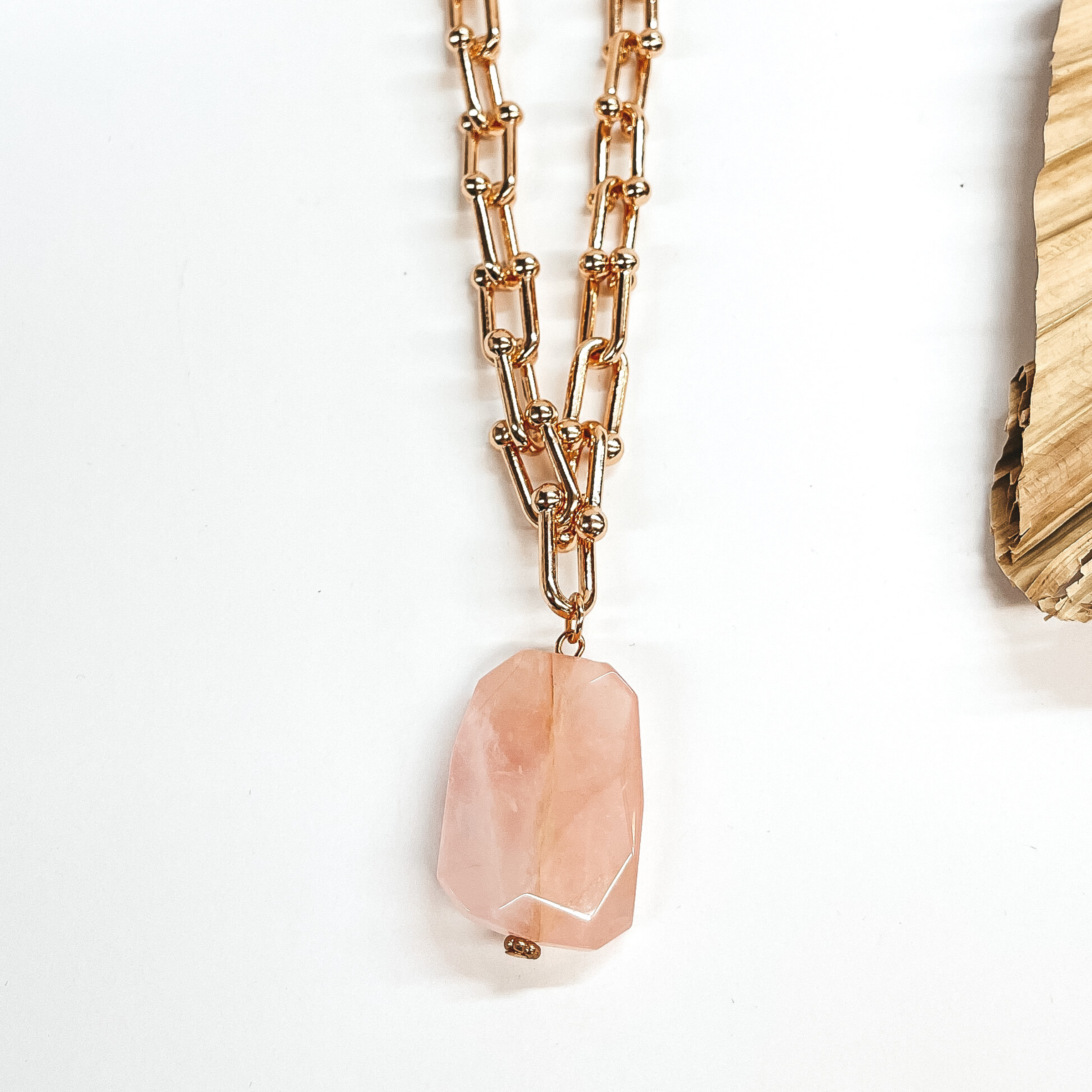 Thick Chain Link Necklace with Chunky Light Pink Stone Pendant - Giddy Up Glamour Boutique