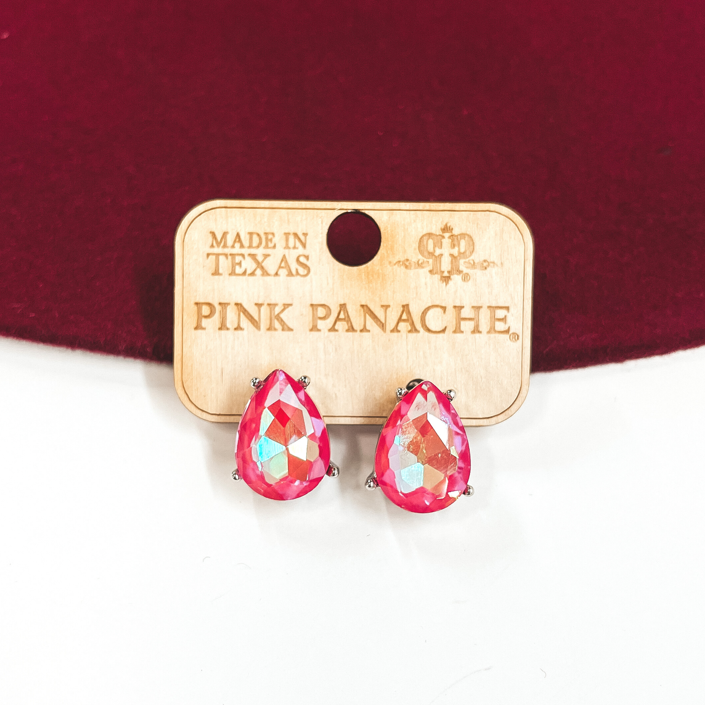 Pink Panache | Teardrop Coral AB Crystal Post Earrings in a Silver Setting