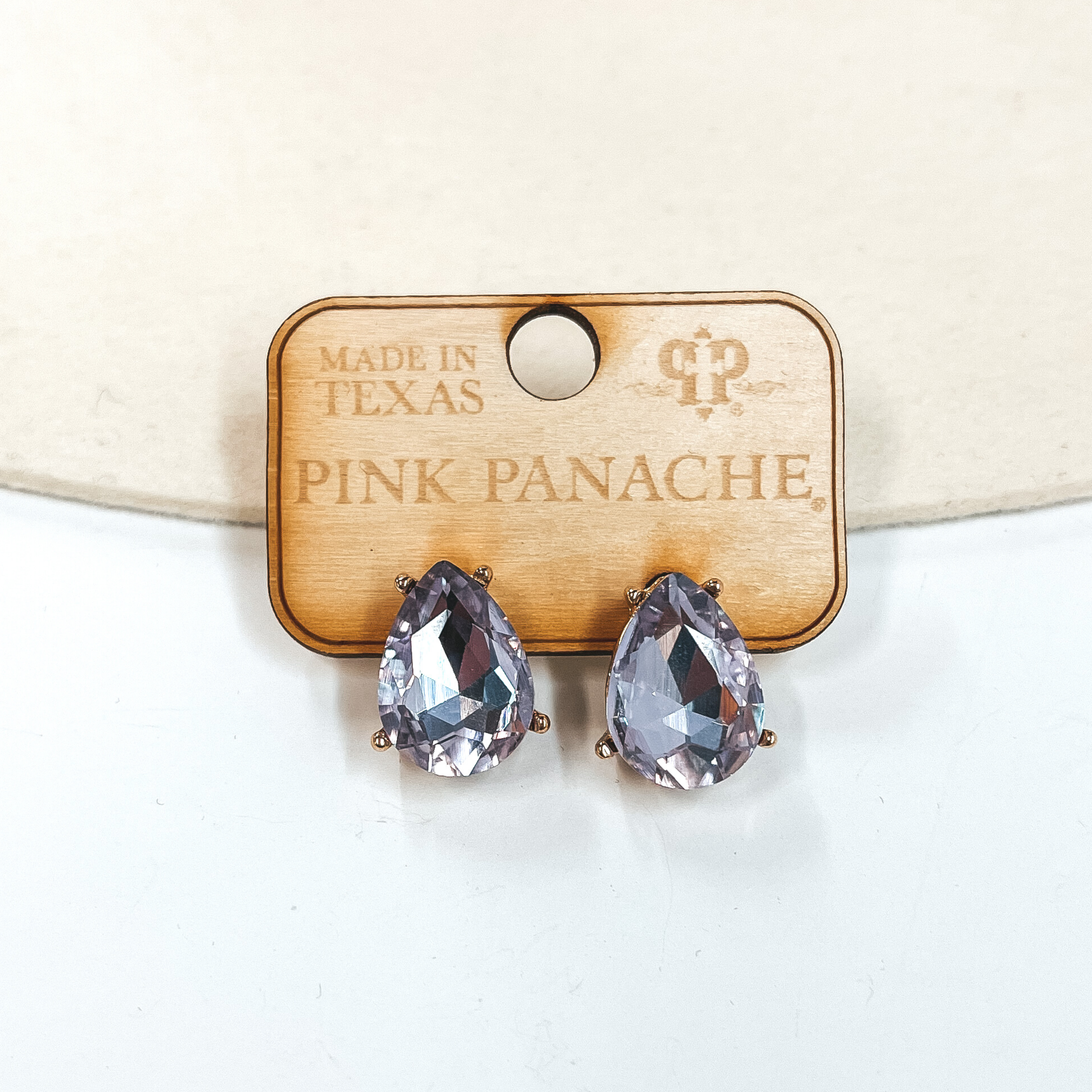 Pink Panache | Teardrop Smokey Mauve Crystal Post Earrings in a Gold Setting - Giddy Up Glamour Boutique
