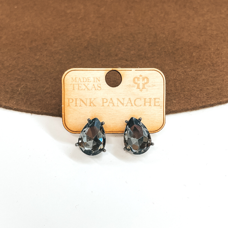 Pink Panache | Teardrop Jet Hematite Crystal Post Stud Earrings in a Gray Setting - Giddy Up Glamour Boutique