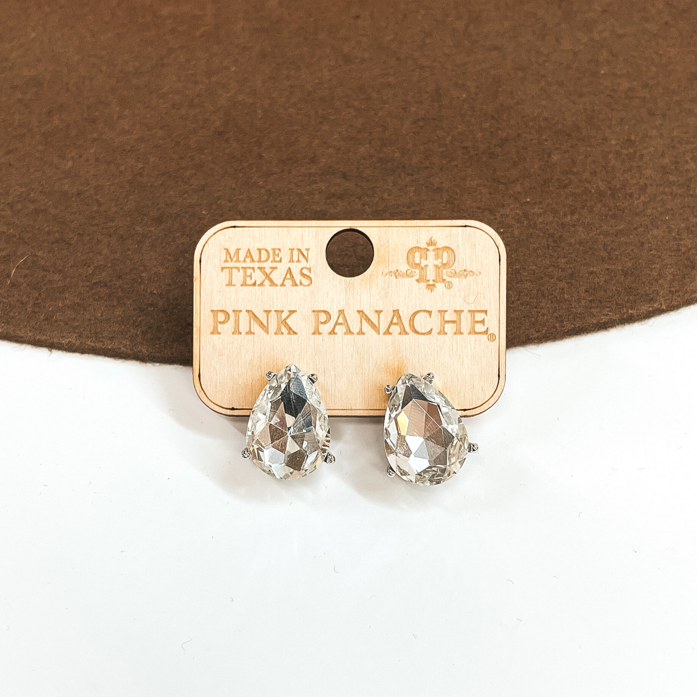 Pink Panache | Teardrop Clear Crystal Post Earrings in a Silver Setting - Giddy Up Glamour Boutique