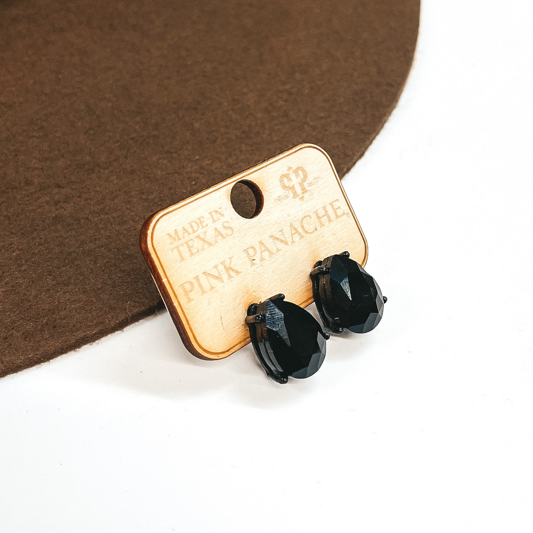 Pink Panache | Teardrop Black Crystal Post Earrings in a Black Setting - Giddy Up Glamour Boutique