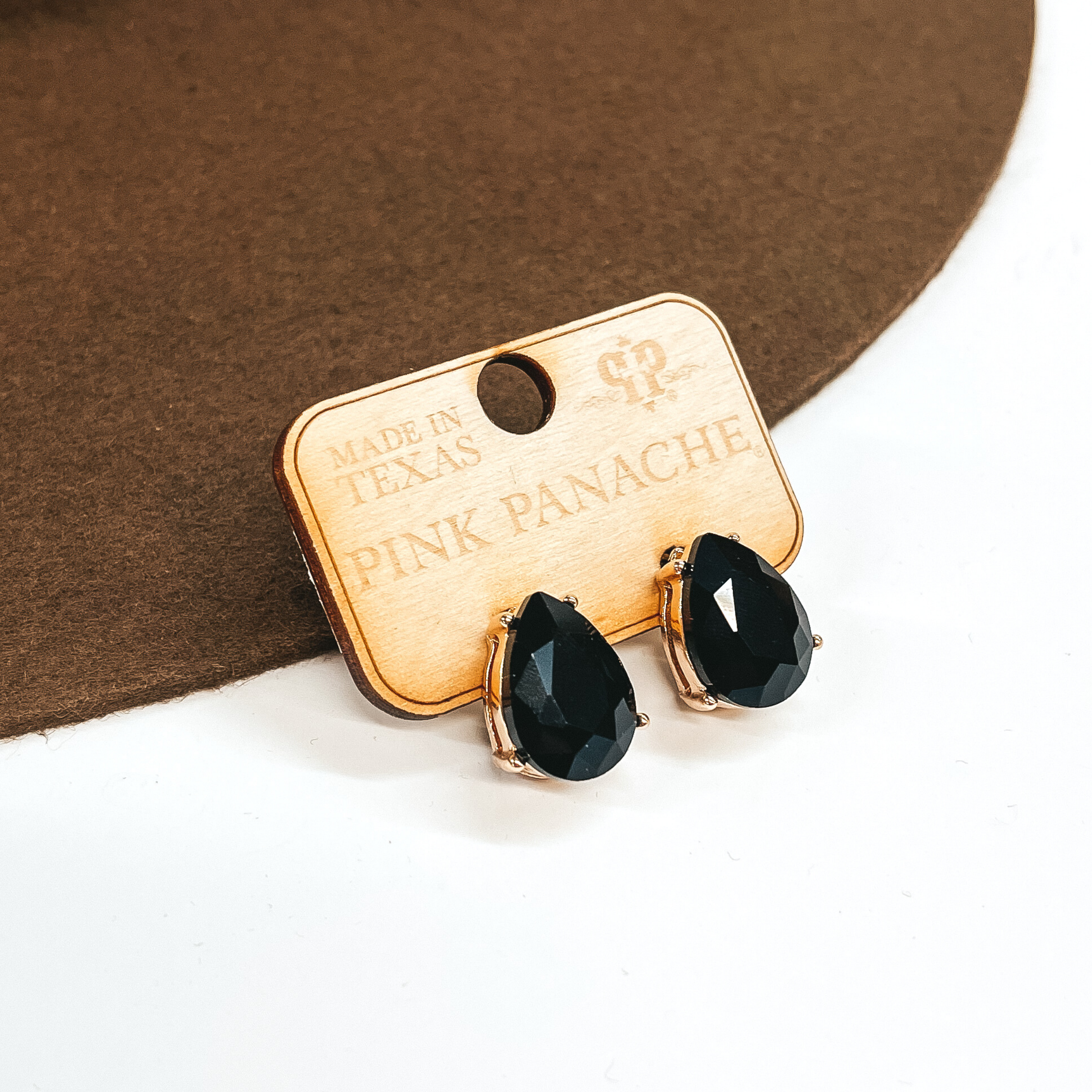 Pink Panache | Teardrop Black Crystal Post Earrings in a Gold Setting - Giddy Up Glamour Boutique