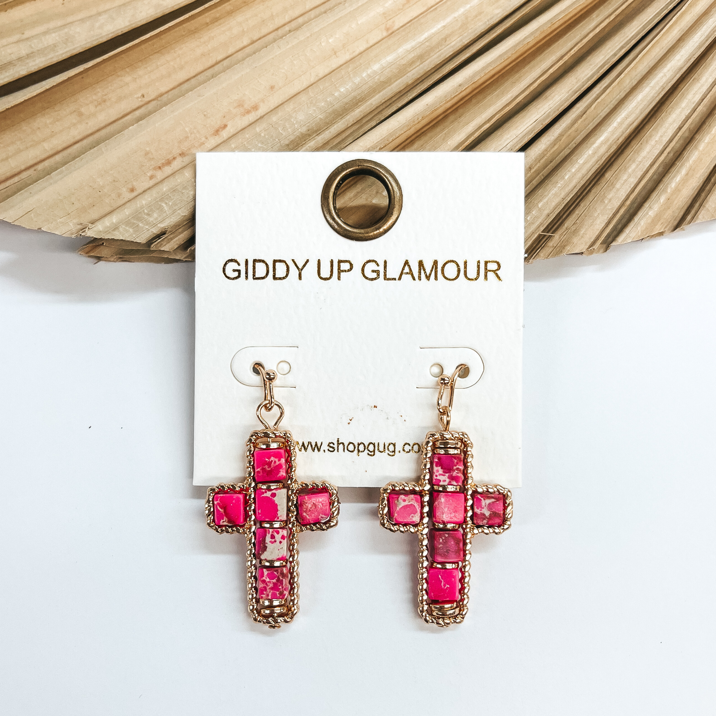 Gold Cross Pendant Earrings with Semi-Precious Stones in Fuchsia Pink - Giddy Up Glamour Boutique