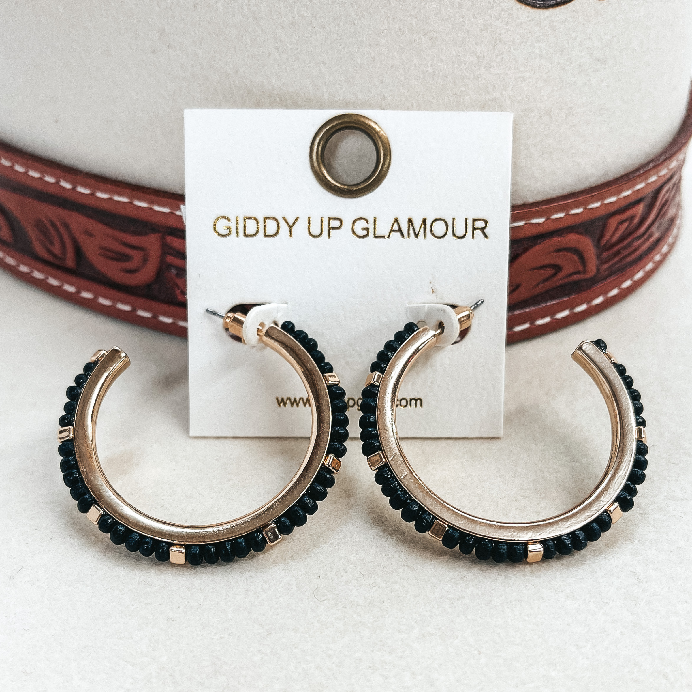 Gold Hoops with Wood Beads and Gold Spacers in Black - Giddy Up Glamour Boutique