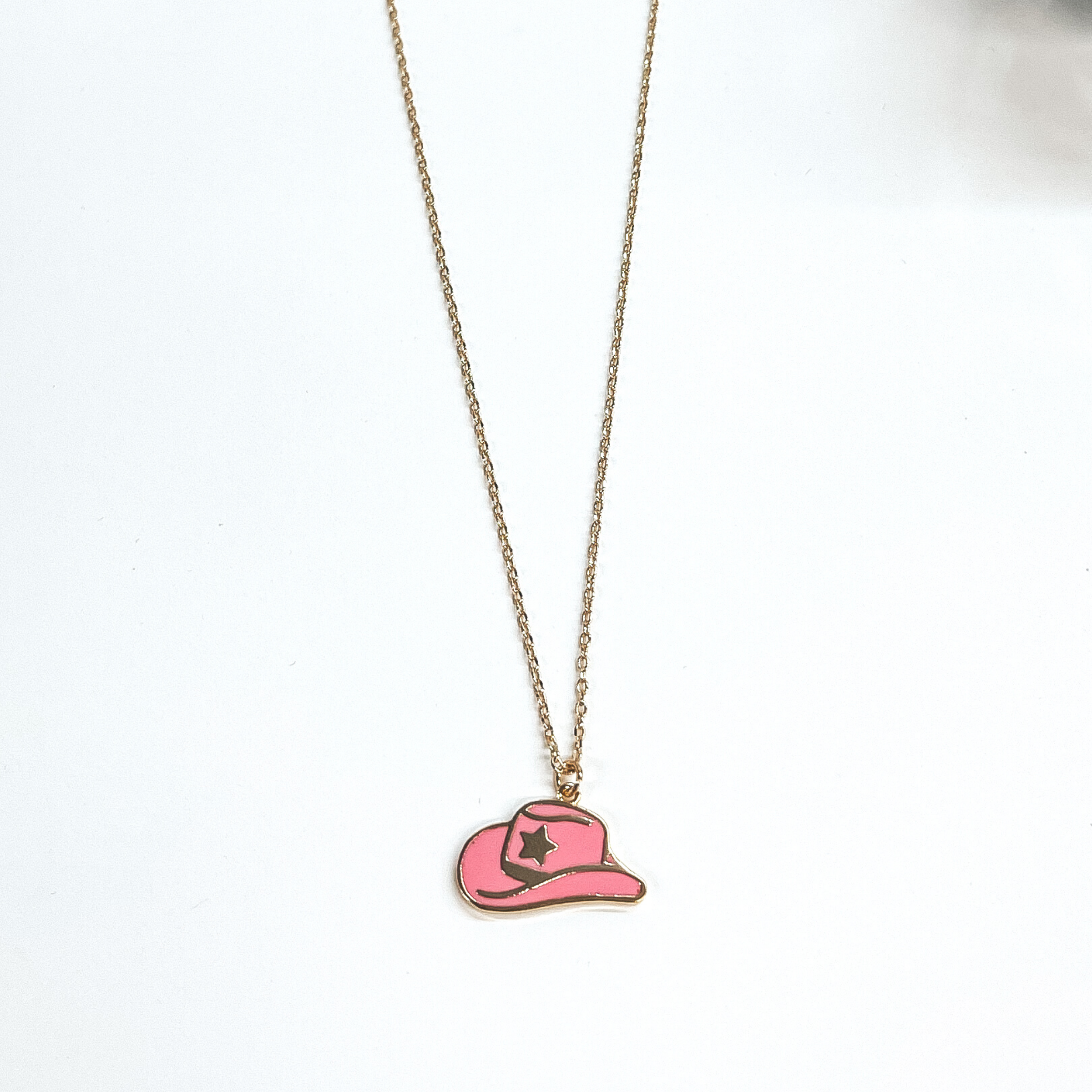 Take Me to Nashville Gold Necklace with Hat Pendant in Pink - Giddy Up Glamour Boutique