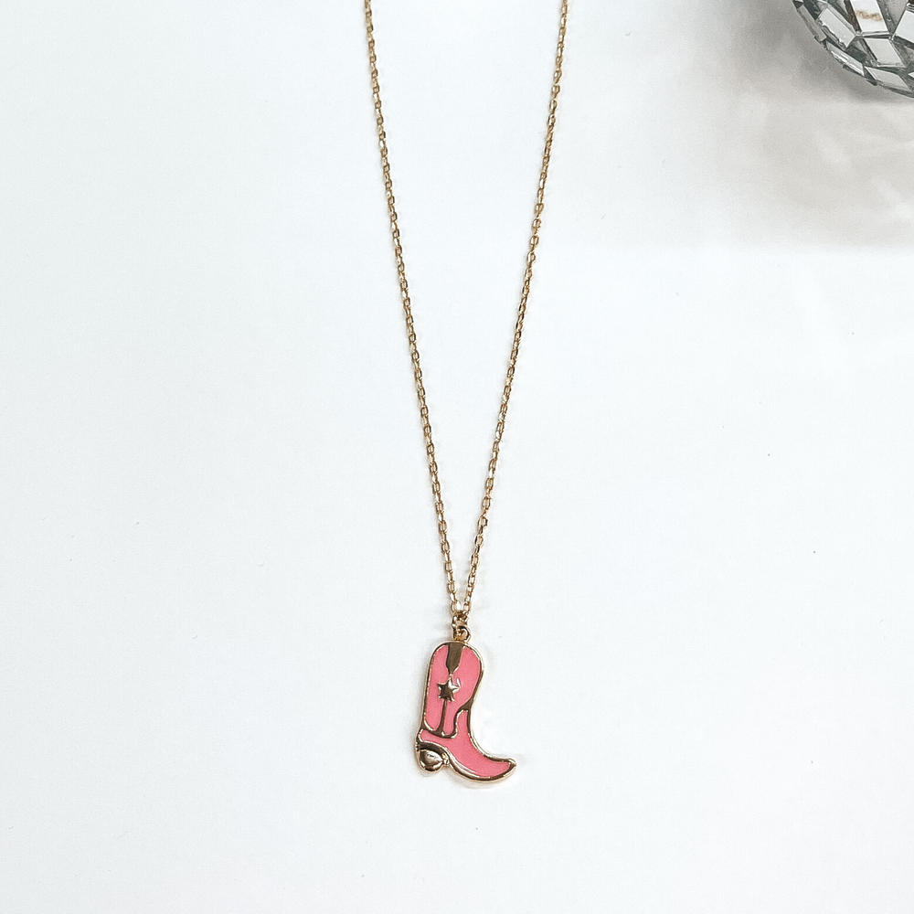 Take Me to Nashville Gold Necklace with Boot Pendant in Pink - Giddy Up Glamour Boutique