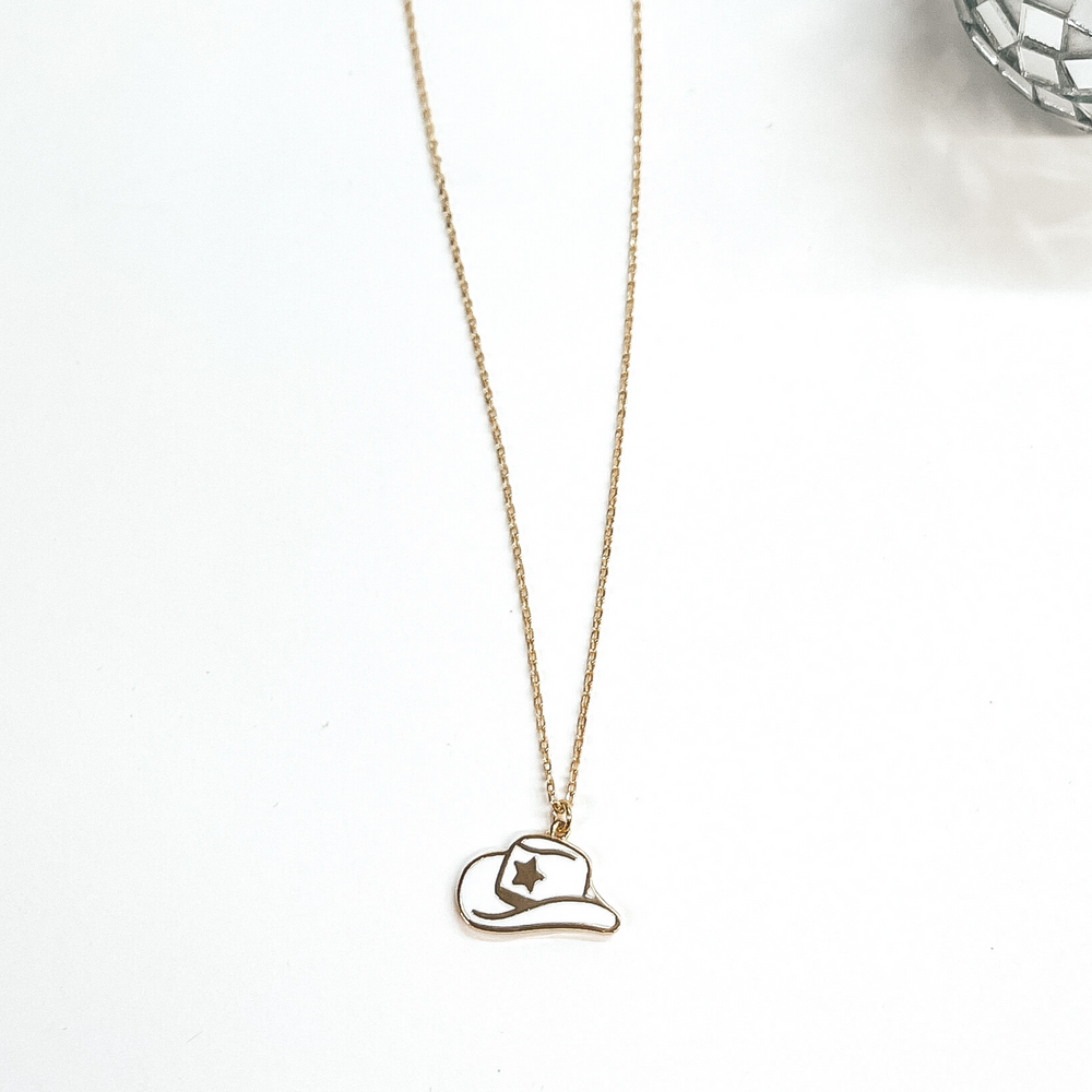 Take Me to Nashville Gold Necklace with Hat Pendant in White - Giddy Up Glamour Boutique