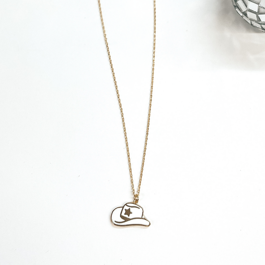 Take Me to Nashville Gold Necklace with Hat Pendant in White - Giddy Up Glamour Boutique